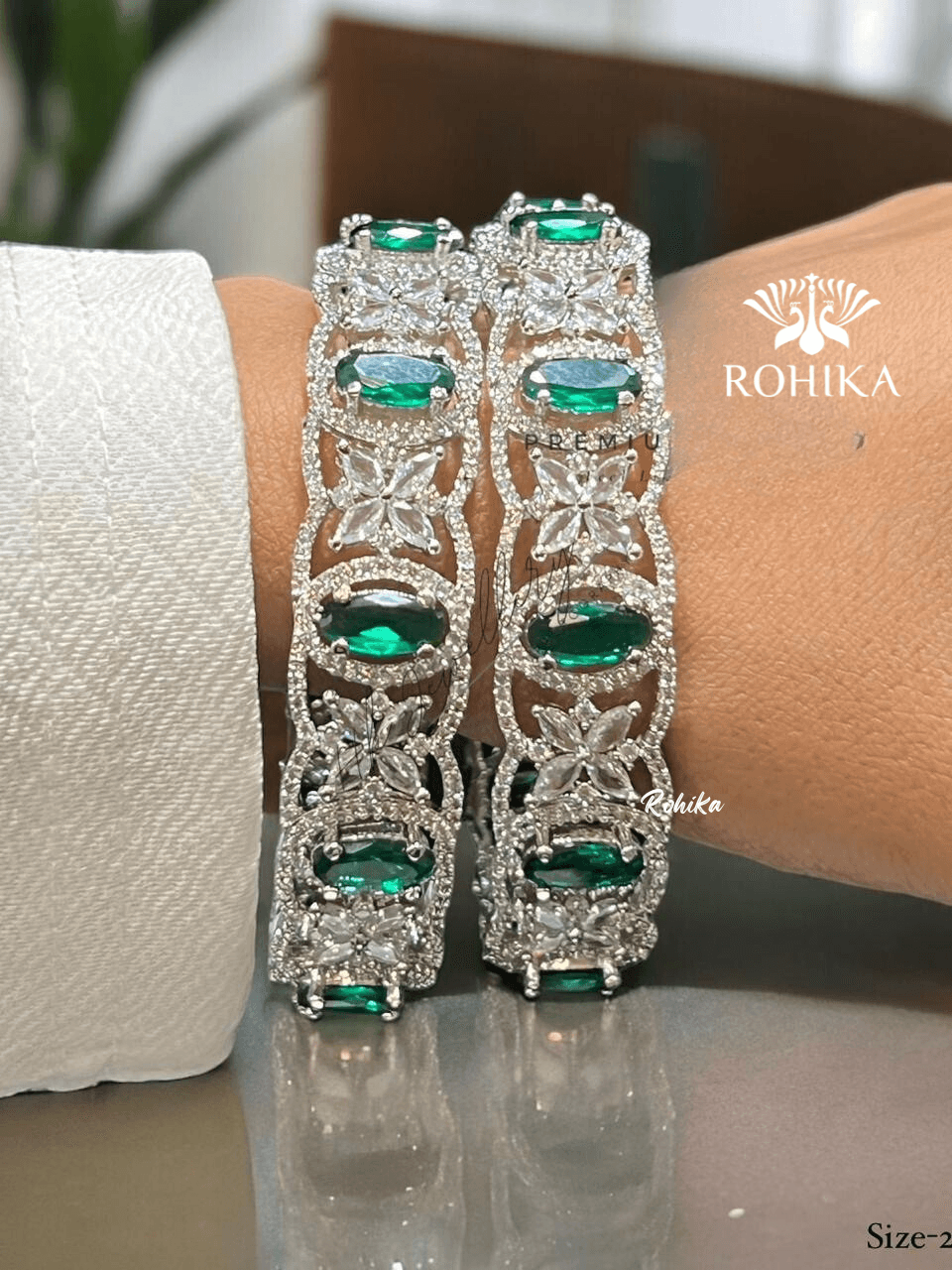 Jess american diamond bangles (001) - Green - Rohika Store