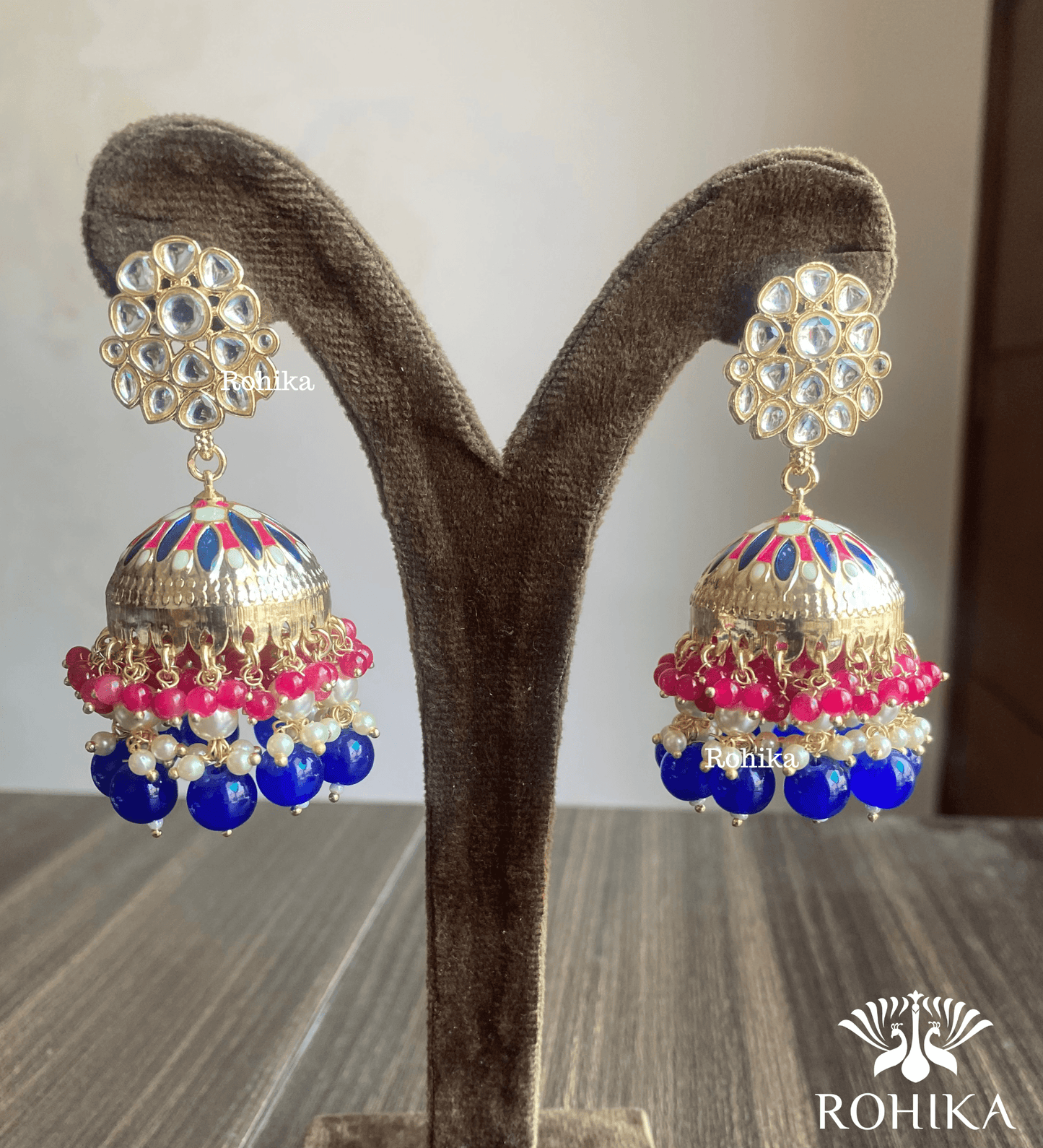 Rashmita jhumka earrings - Pink and dark blue - Rohika Store