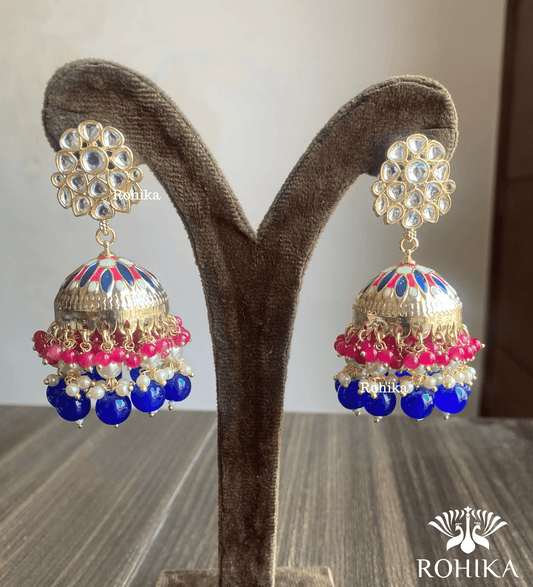 Rashmita jhumka earrings - Pink and dark blue - Rohika Store