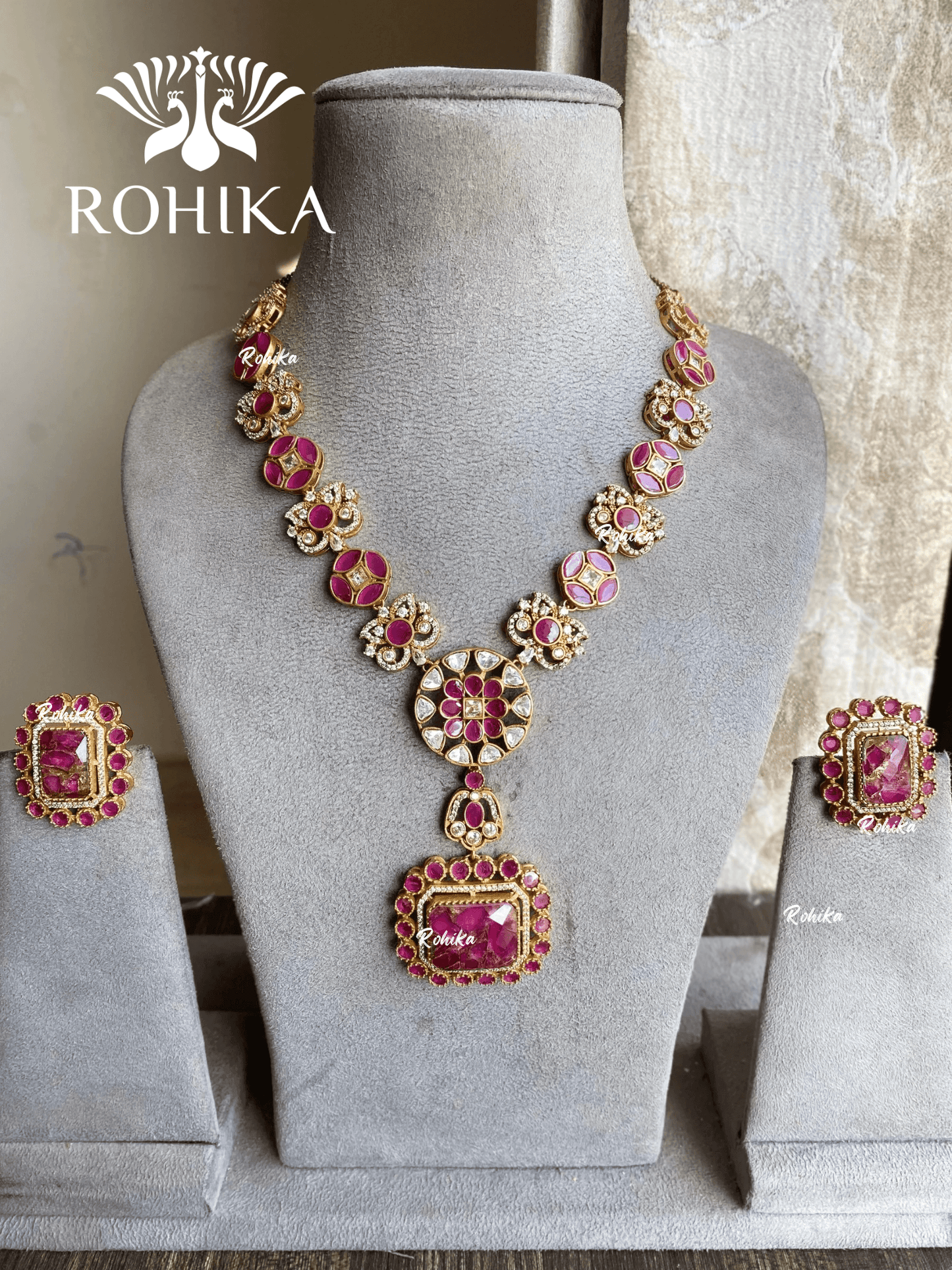 Lata polki kundan necklace set - Pink - Rohika Store