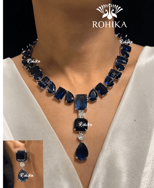 Debra american diamond necklace set - Dark blue - Rohika Store
