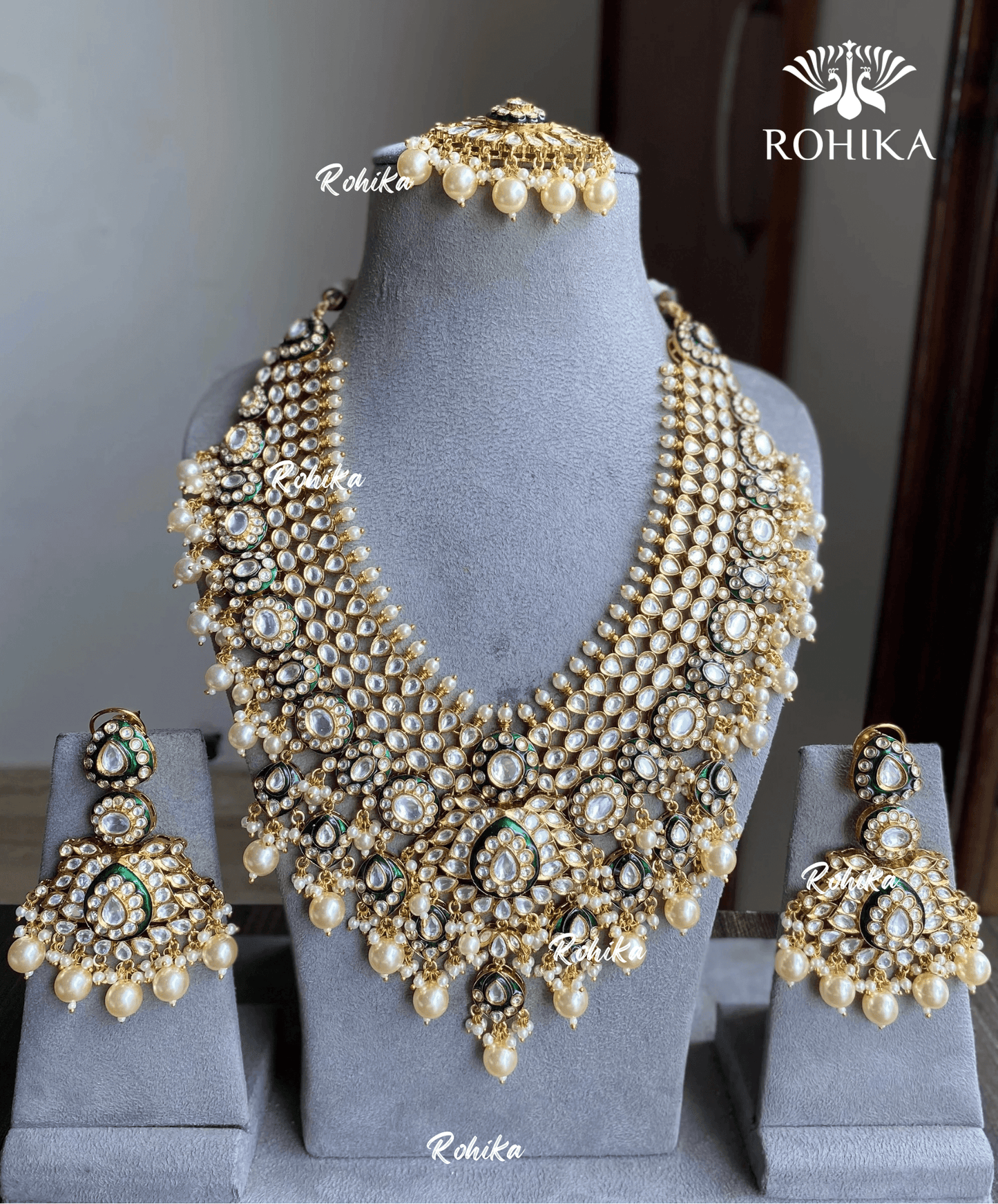 Aangan bikaneri polki kundan long necklace set - Dark Green - Rohika Store