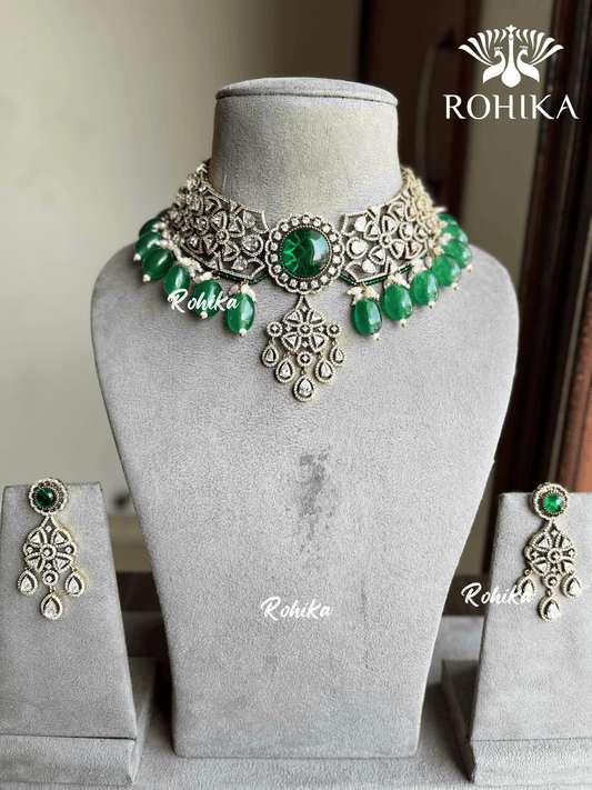Meeya american diamond necklace set - Dark green - Rohika Store