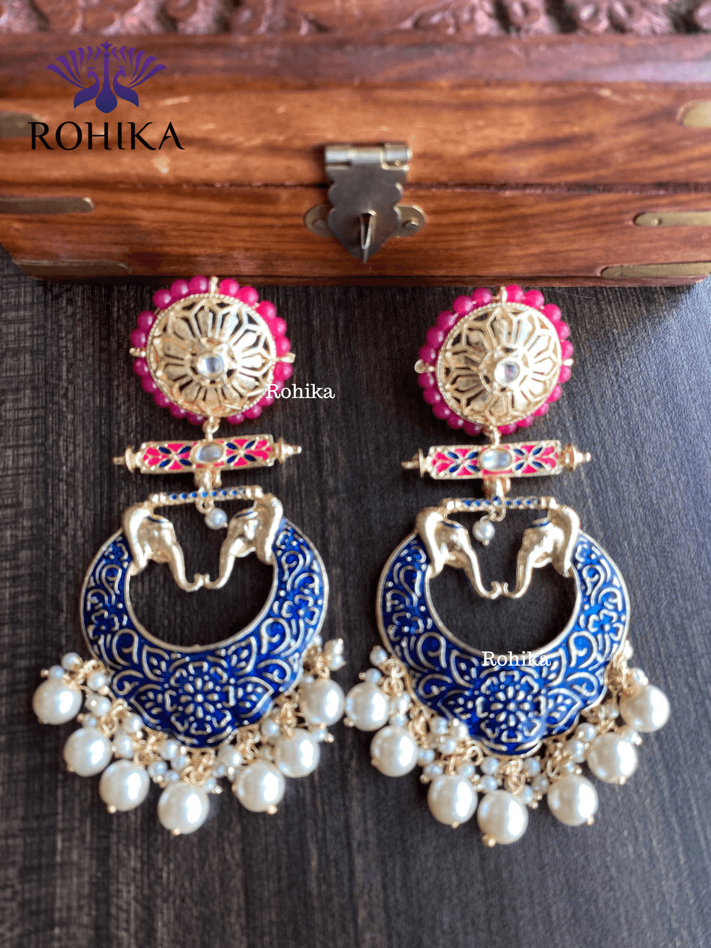 Gaja meenakari earrings - Dark Blue - Rohika Store