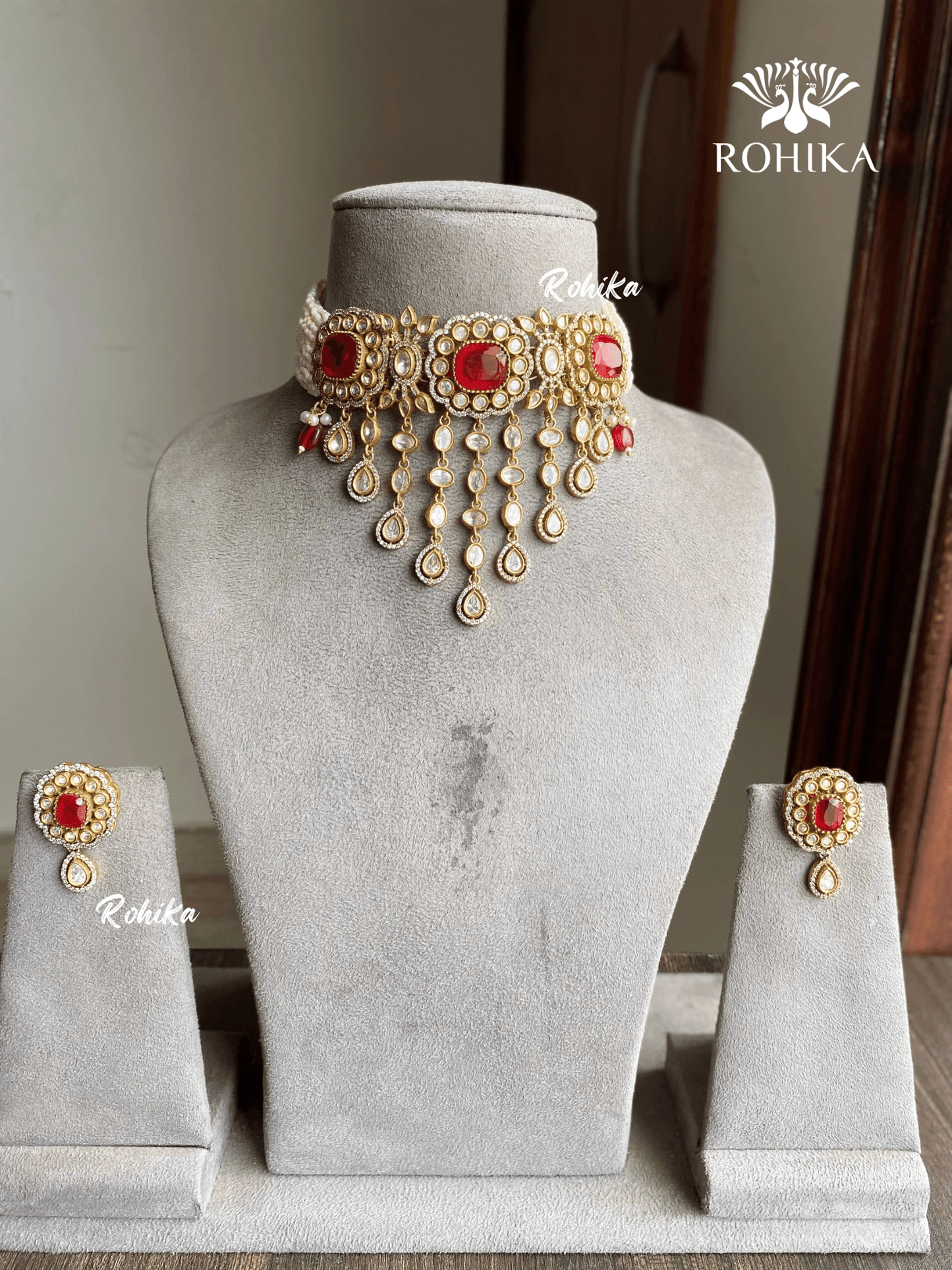 Asmi doublet kundan choker set - Red - Rohika Store