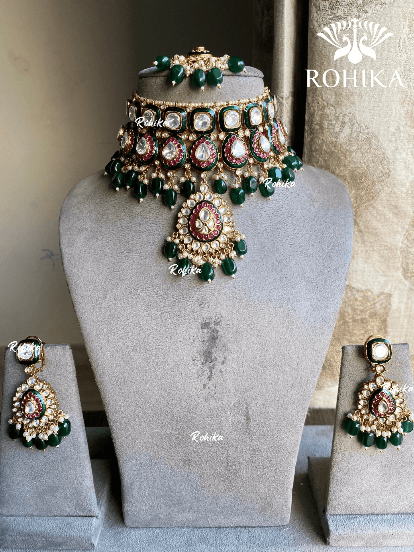 Varsha meenakari polki kundan choker set - Dark Green - Rohika Store