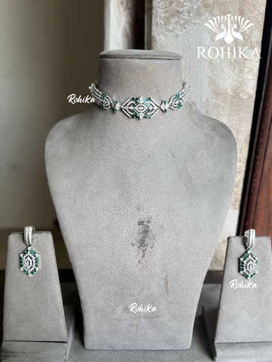 Serena American Diamond Necklace Set - Dark green - Rohika store