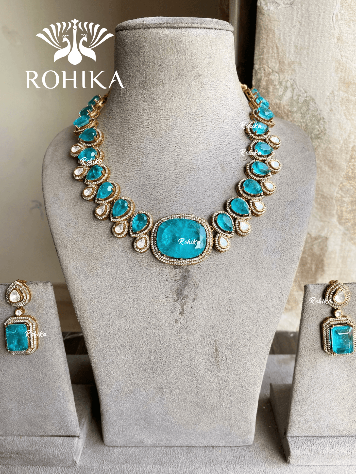 Ruhi polki kundan necklace set - Blue - Rohika Store