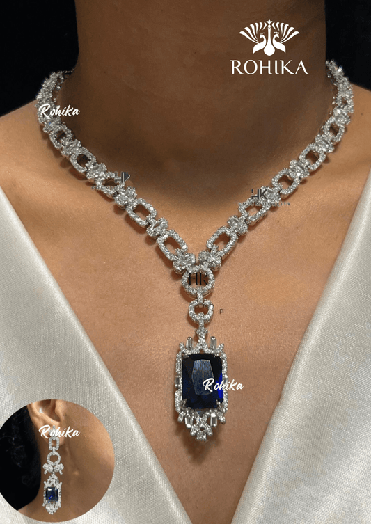 Bethany american diamond necklace set - Dark blue - Rohika Store