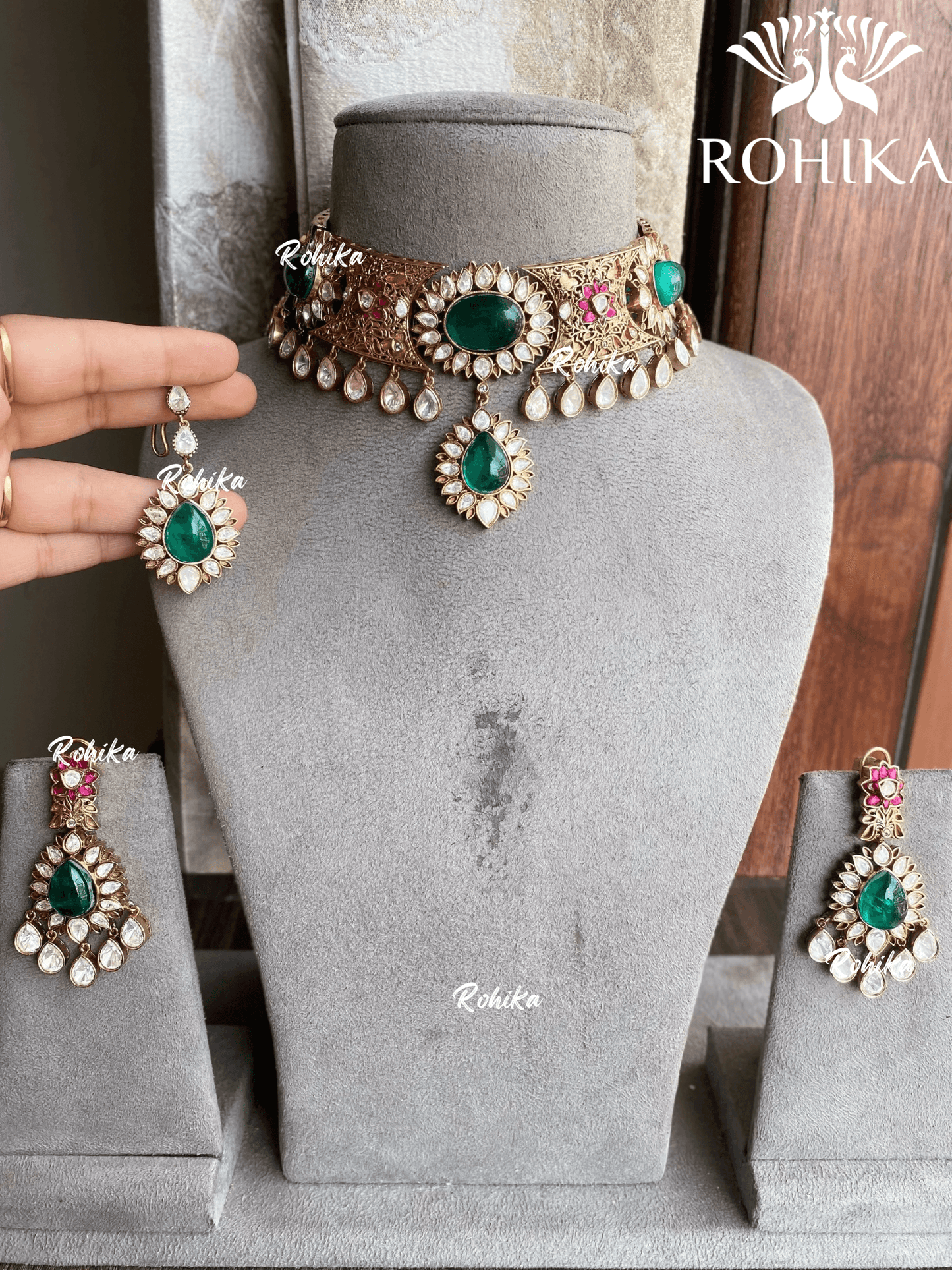 Shruti moisanite choker set - Green - Rohika Store