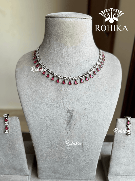 Ria American diamond necklace set - Red - Rohika Store