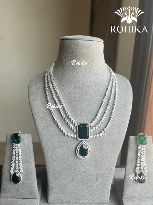 Naina American diamond necklace set - Dark green - Rohika Store
