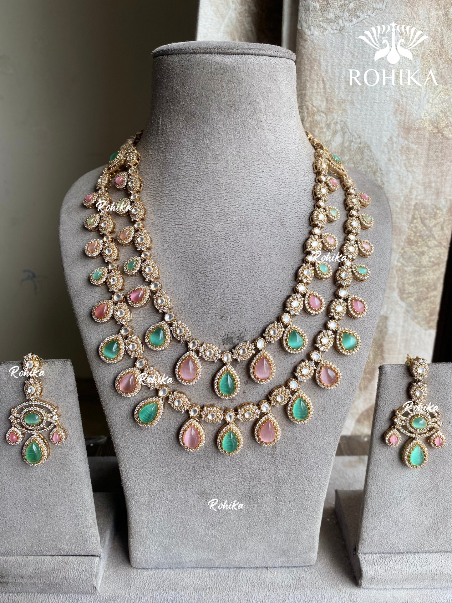 Kanisha Polki Kundan Necklace set - Mint & Pink - Rohika Store