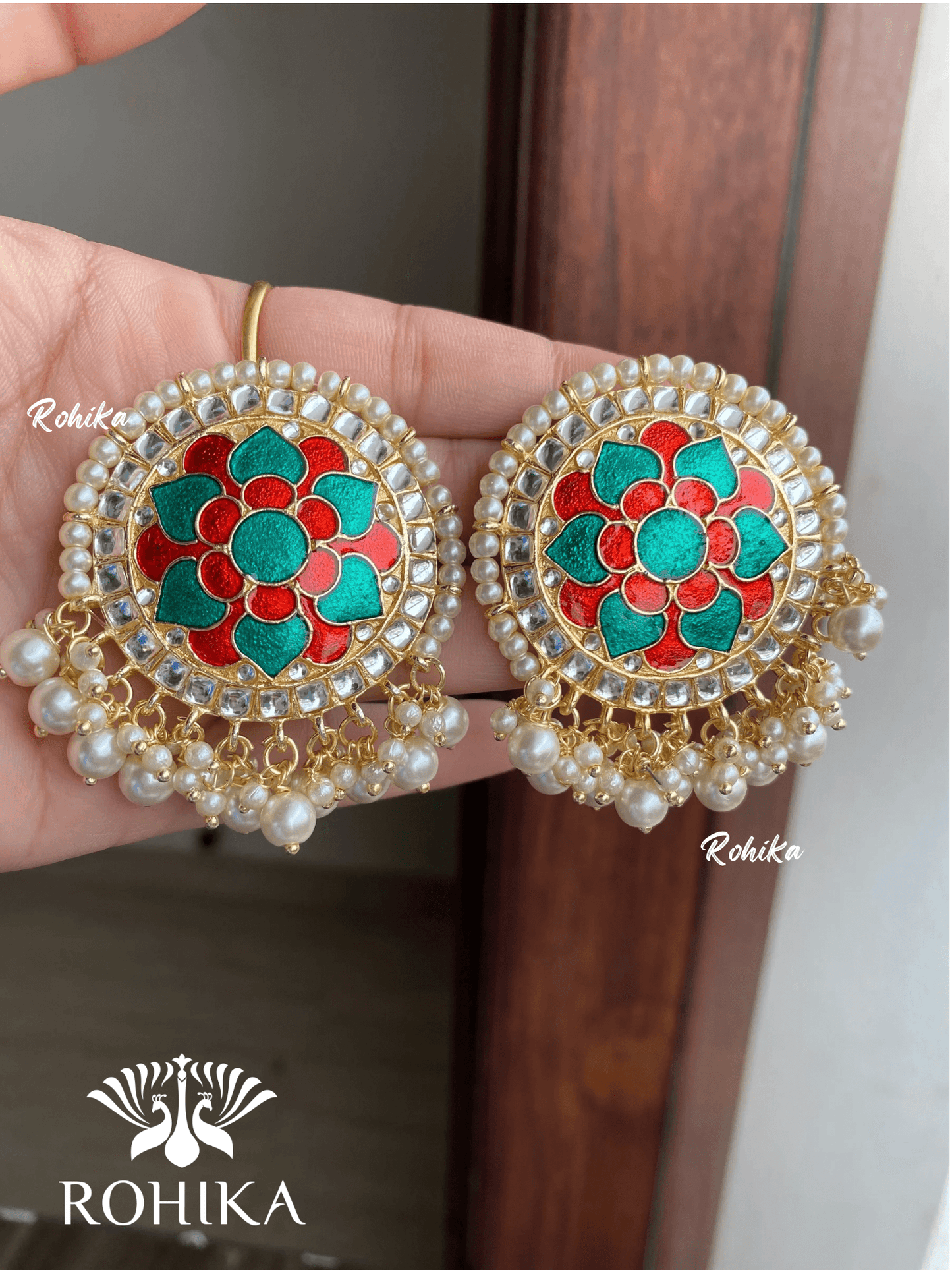 Khushi kundan studs - Green ana red - Rohika Store