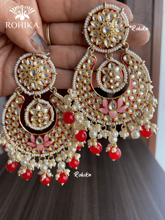 Sudha meenakari chandbali earrings - Red - Rohika Store