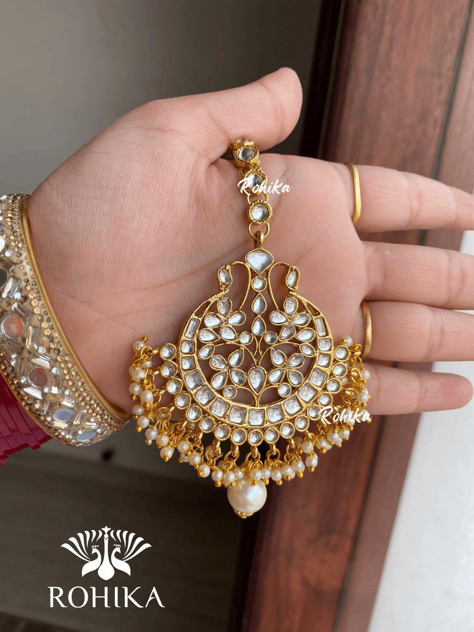 Kavee earrings and maangtikka combo - White - Rohika Store