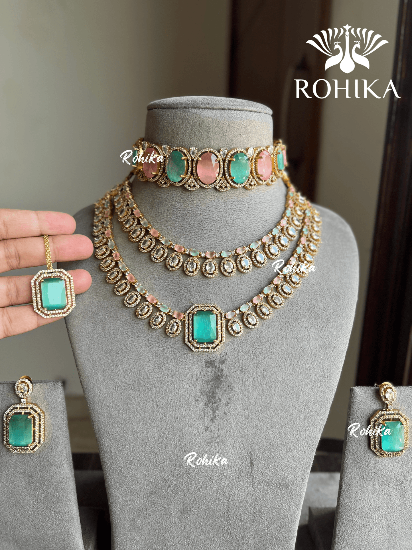 Meer american diamond necklace set - Pink and mint - Rohika Store