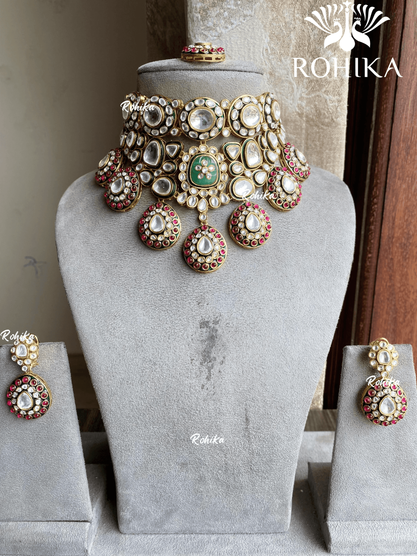 Uma bikaneri polki kundan choker set - Mint green - Rohika Store