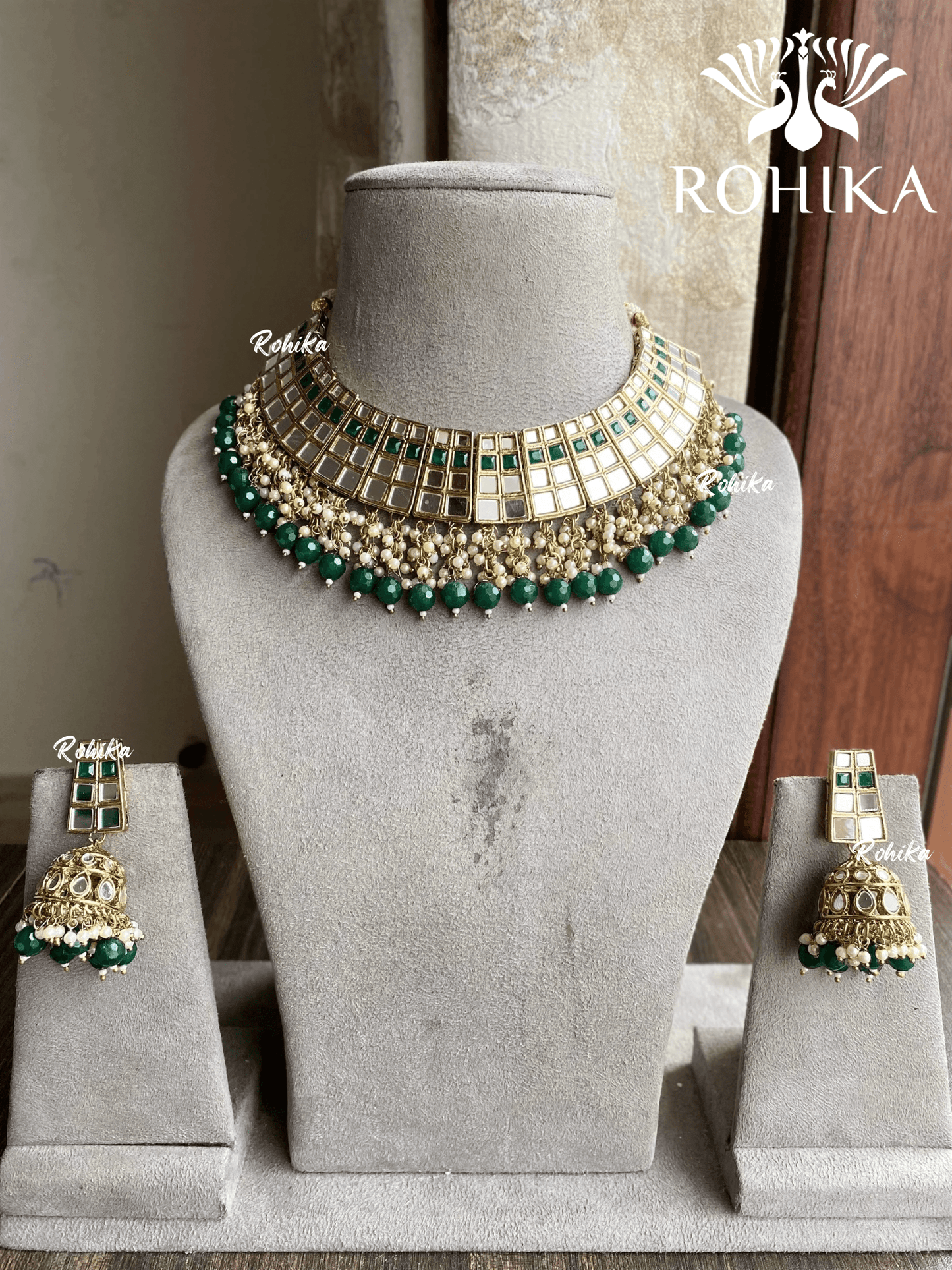 Sana mirror necklace set - Dark Green - Rohika Store