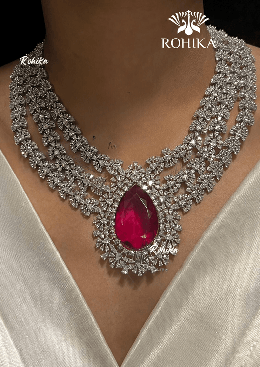 Cara american diamond necklace set - Dark pink - Rohika Store