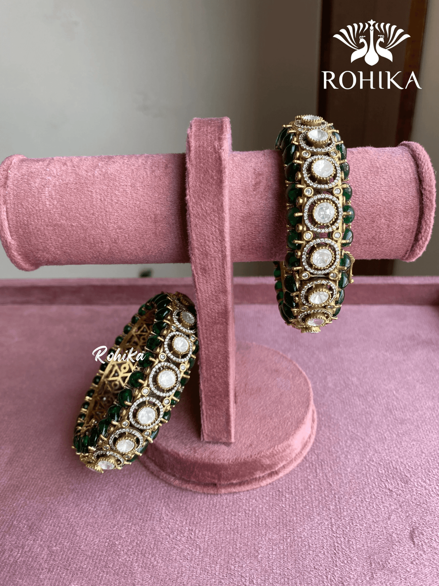 Kavi polki kundan kada/bangles - Dark green - Rohika Store