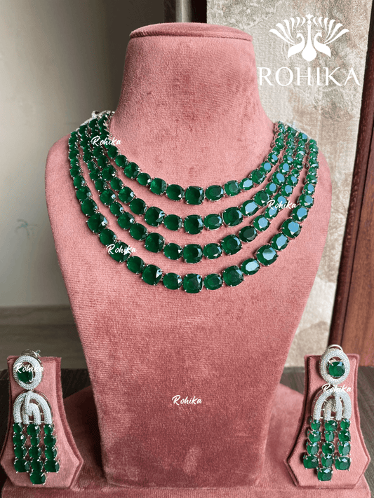 Ayaat American diamond necklace set - Dark green - Rohika Store