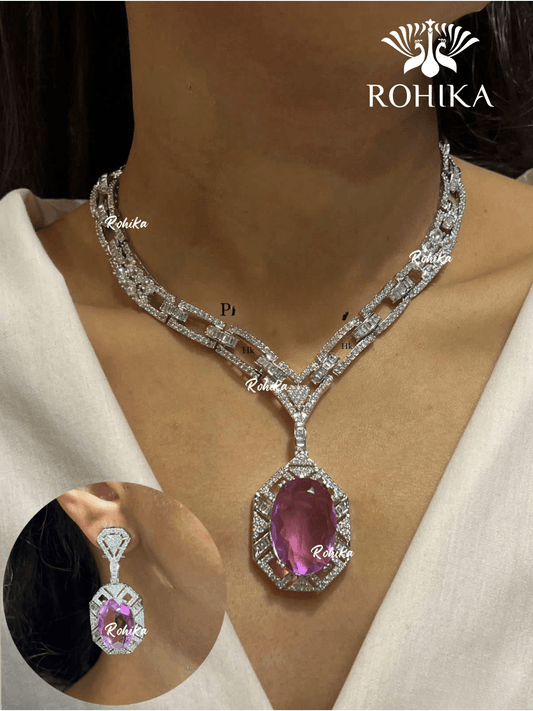 American diamond necklace set (ADN -009) - Purple - Rohika Store