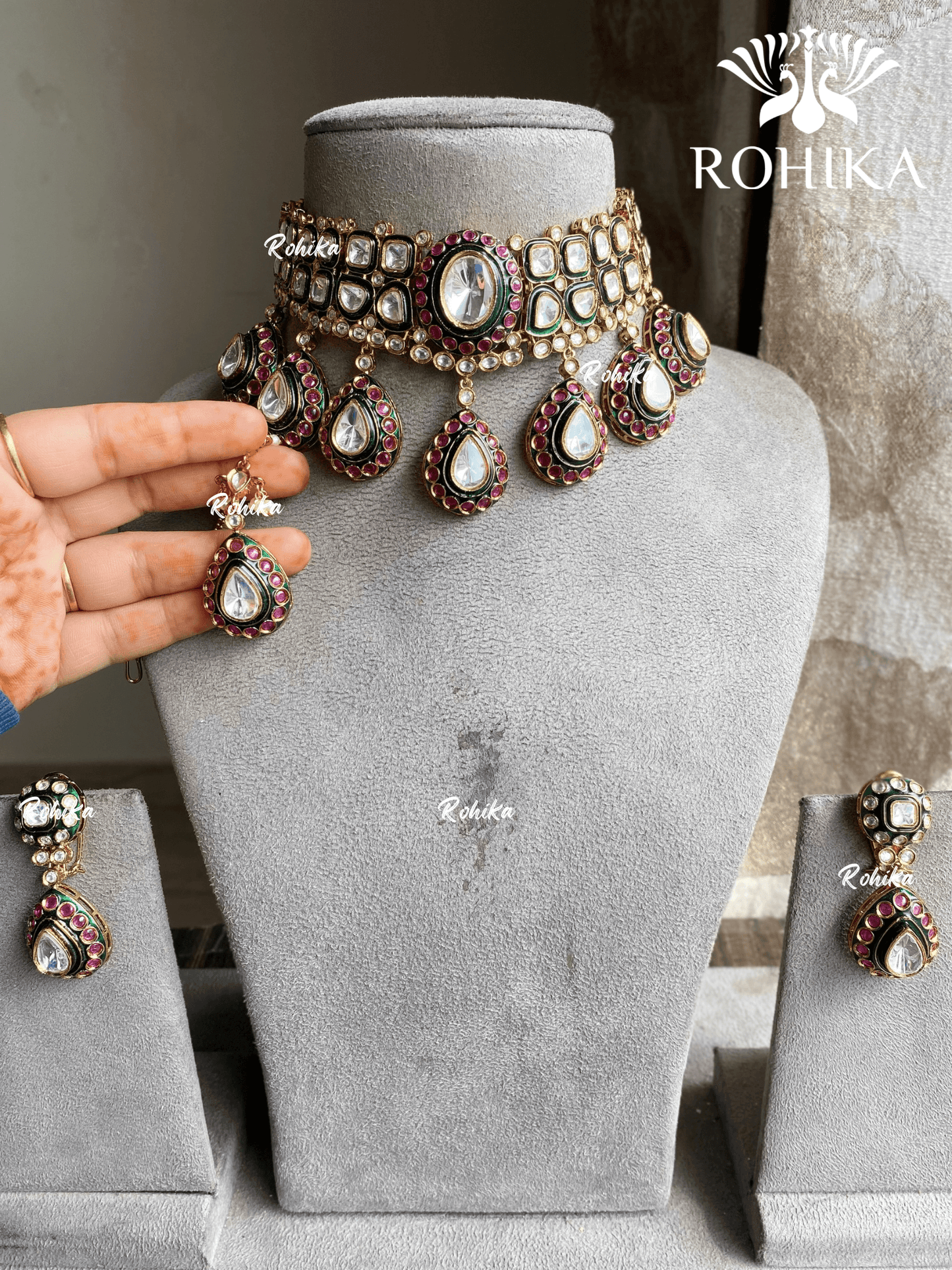 Yami Bikaneri Kundan Necklace set - Ruby Green - Rohika Store