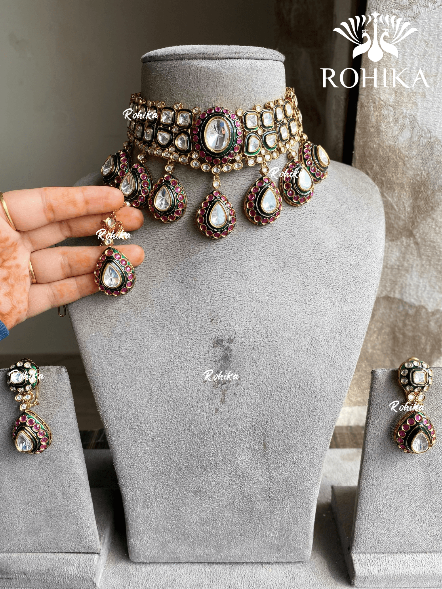 Yami Bikaneri Kundan Necklace set - Ruby Green - Rohika Store