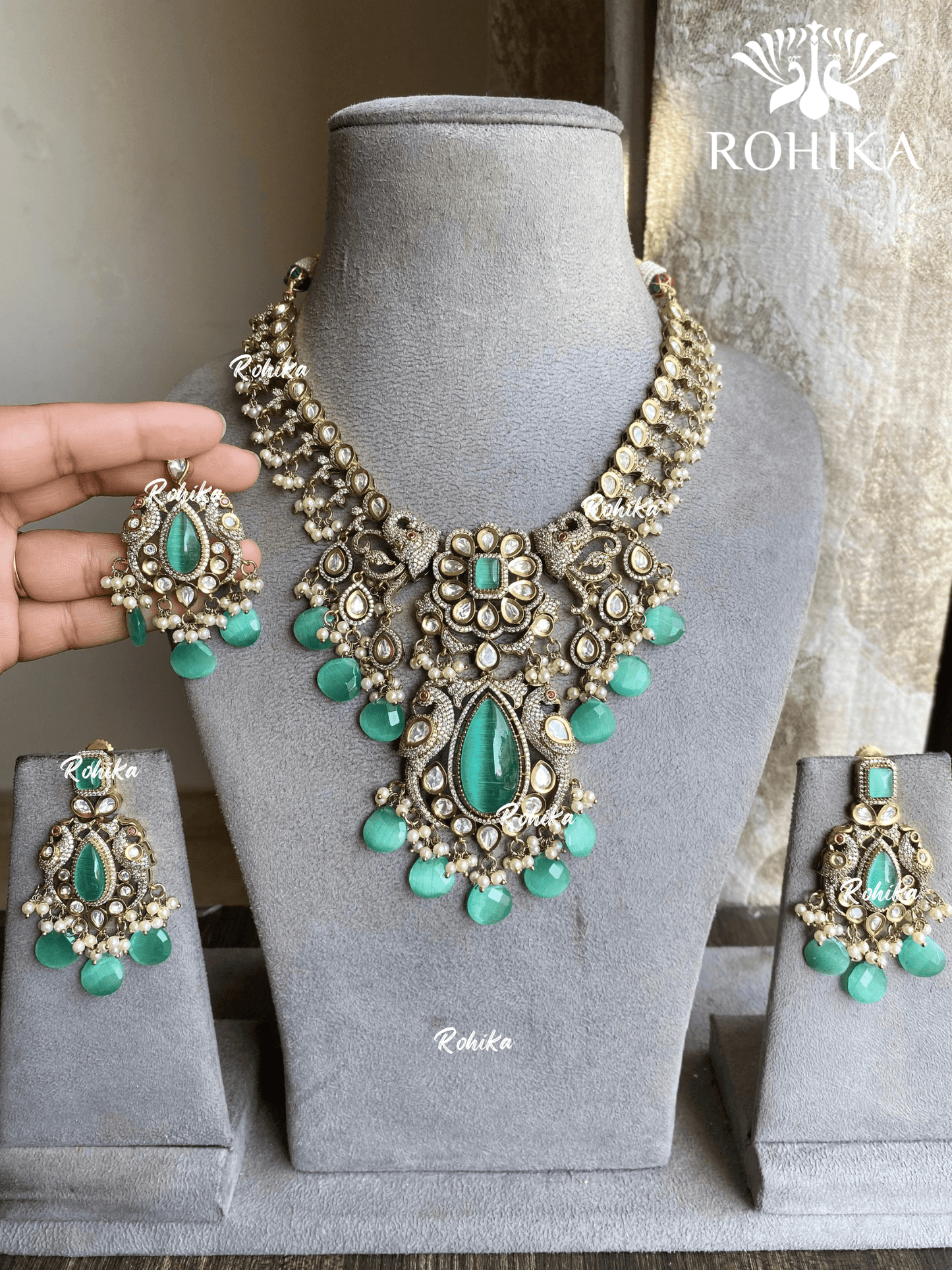 Ekta victorian necklace set - Mint Green - Rohika Store