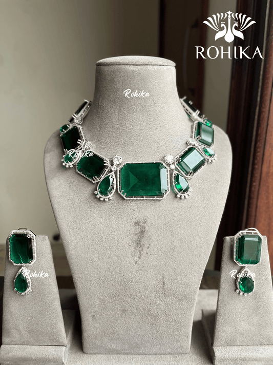 Piyali American diamond necklace set - Dark green - Rohika Store