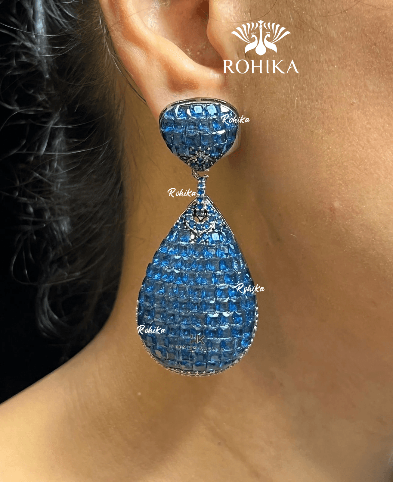 American diamond earrings (ADE -001) - Dark blue - Rohika Store