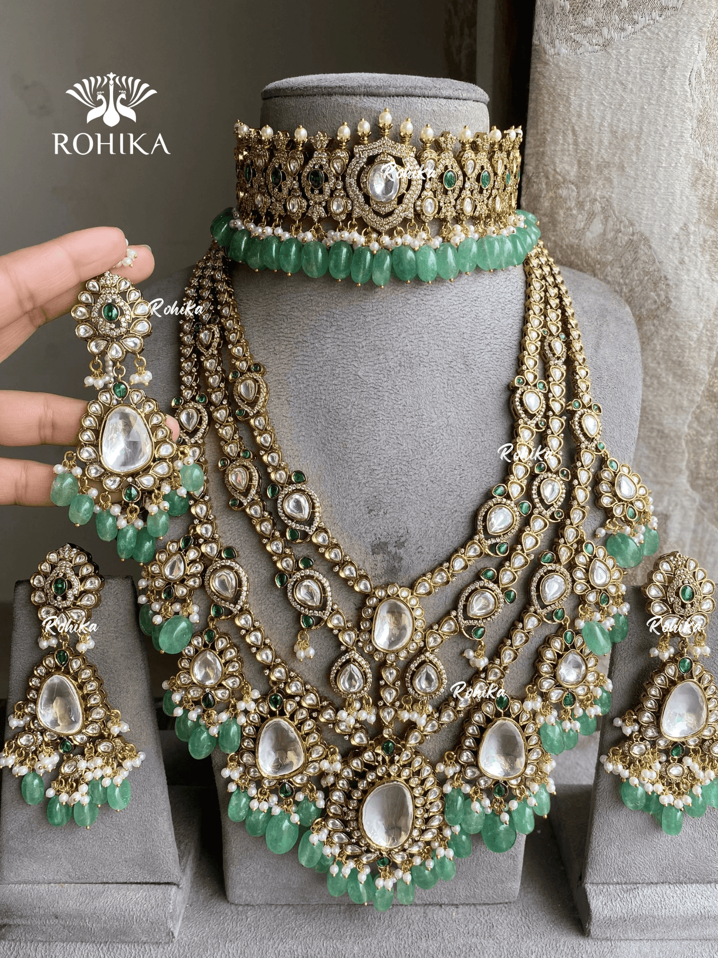Saanjh polki kundan bridal combo set - Mint green - Rohika Store