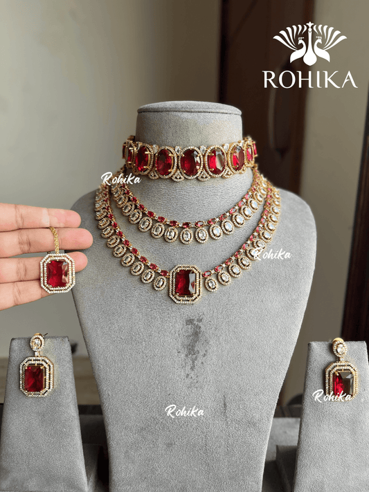 Meer american diamond necklace set - Red - Rohika Store