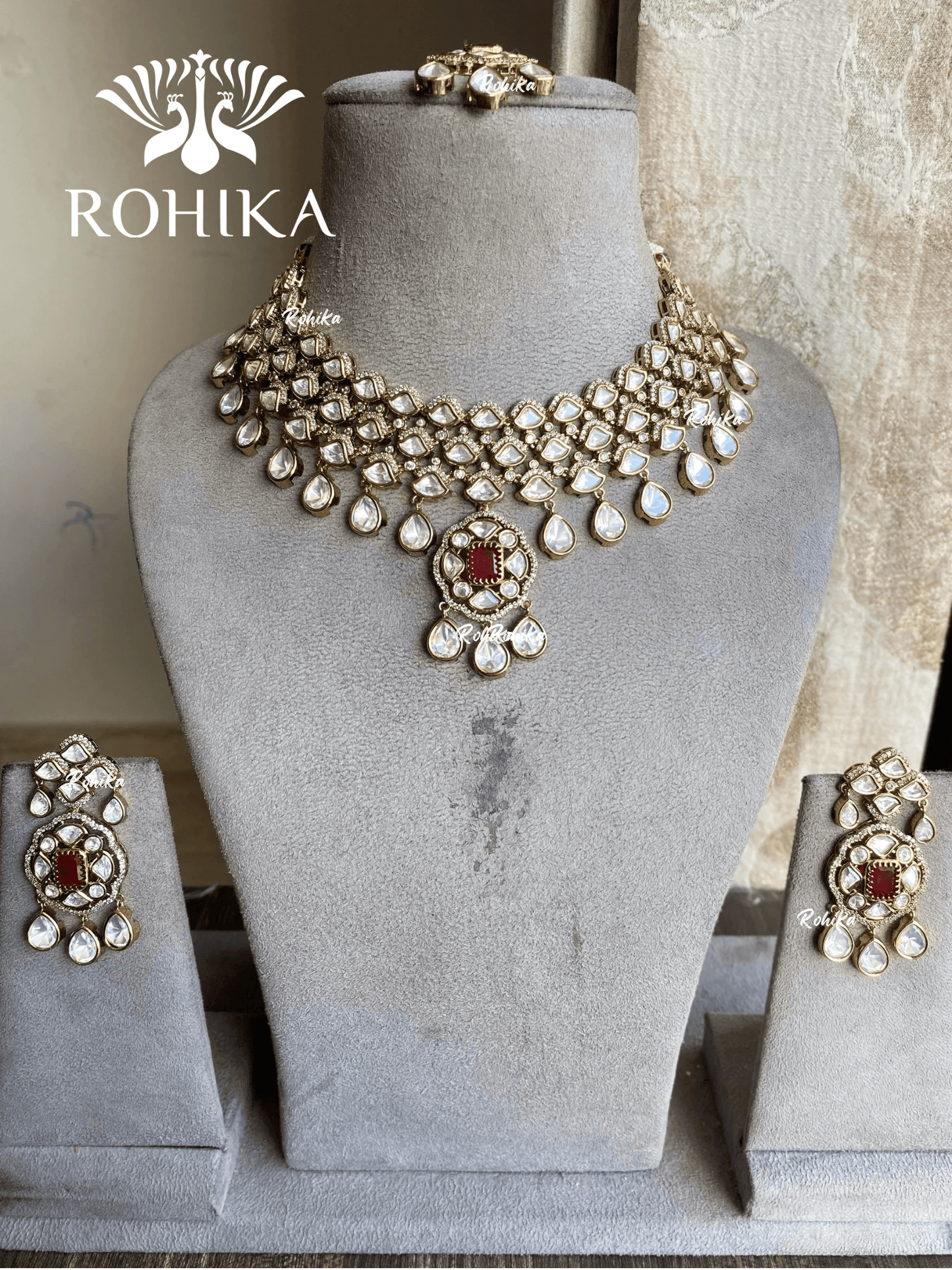 Bindiya moisanite necklace set - Red - Rohika Store