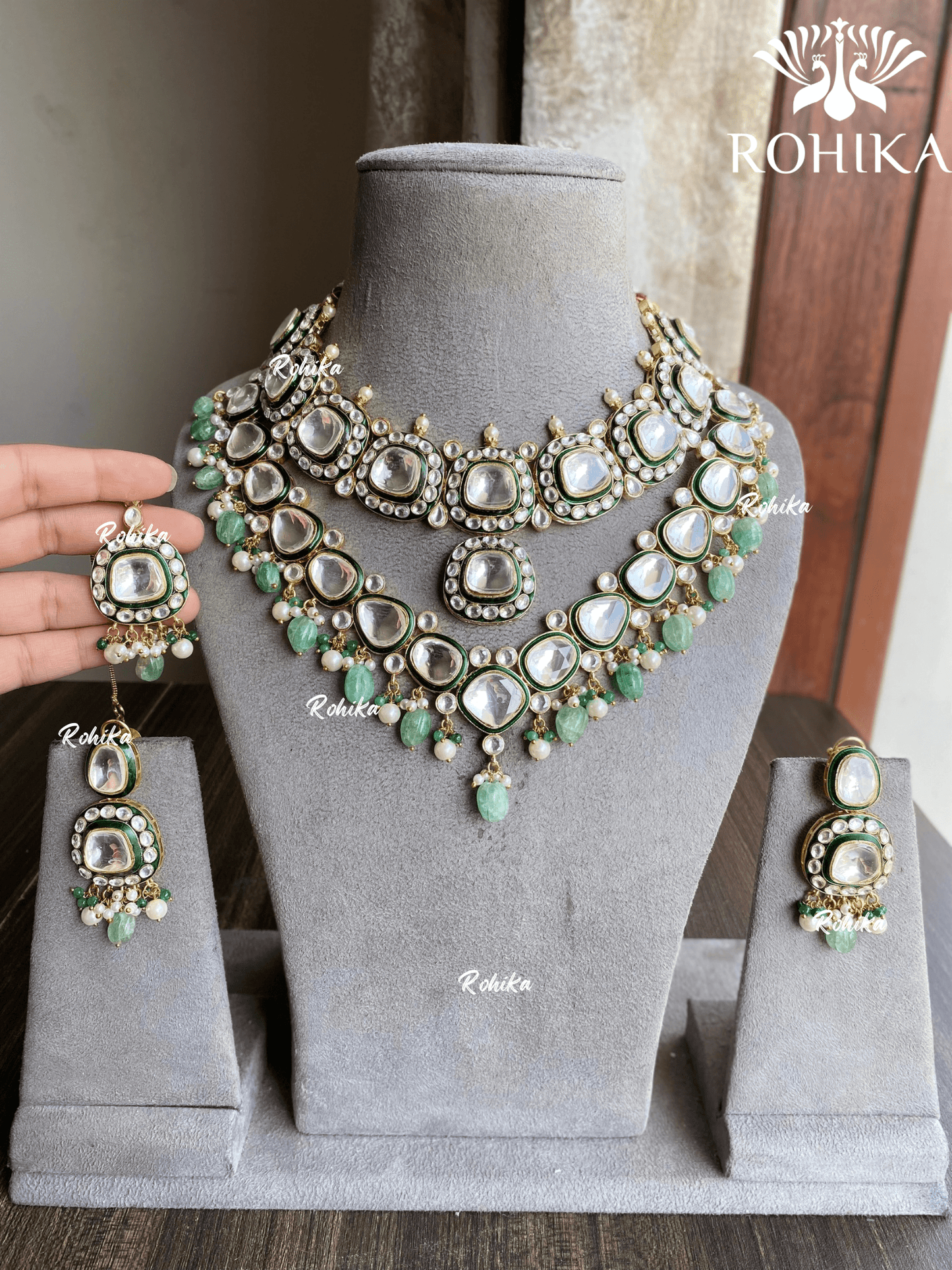 Keya bikaneri polki kundan Necklace- Mint green - Rohika Store