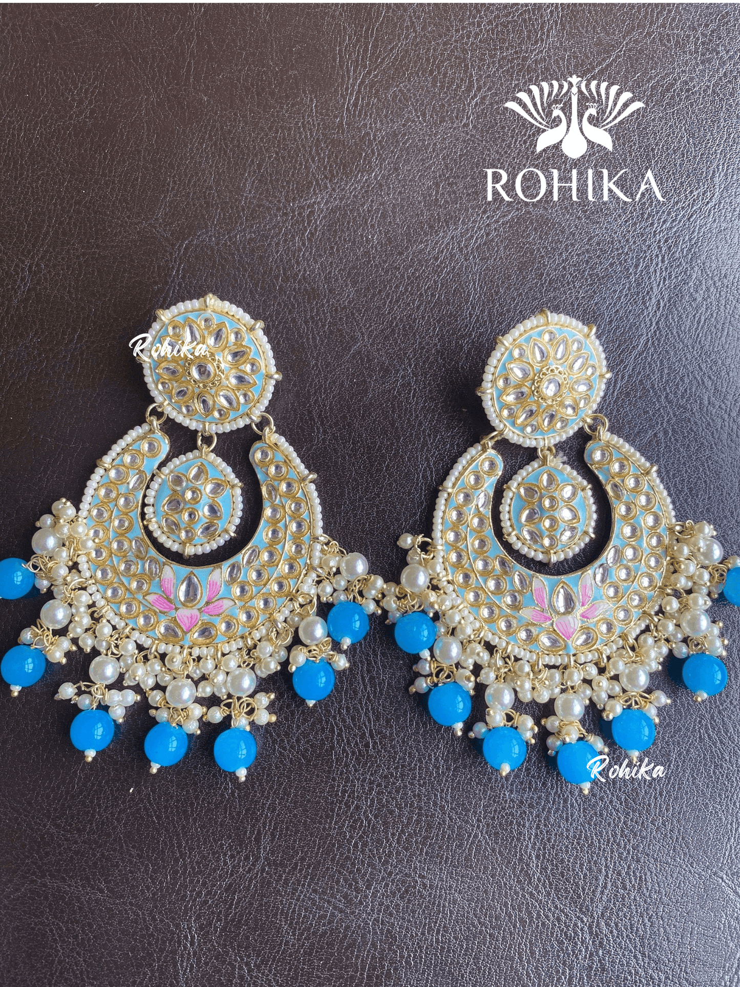 Sudha meenakari chandbali earrings - Blue - Rohika Store