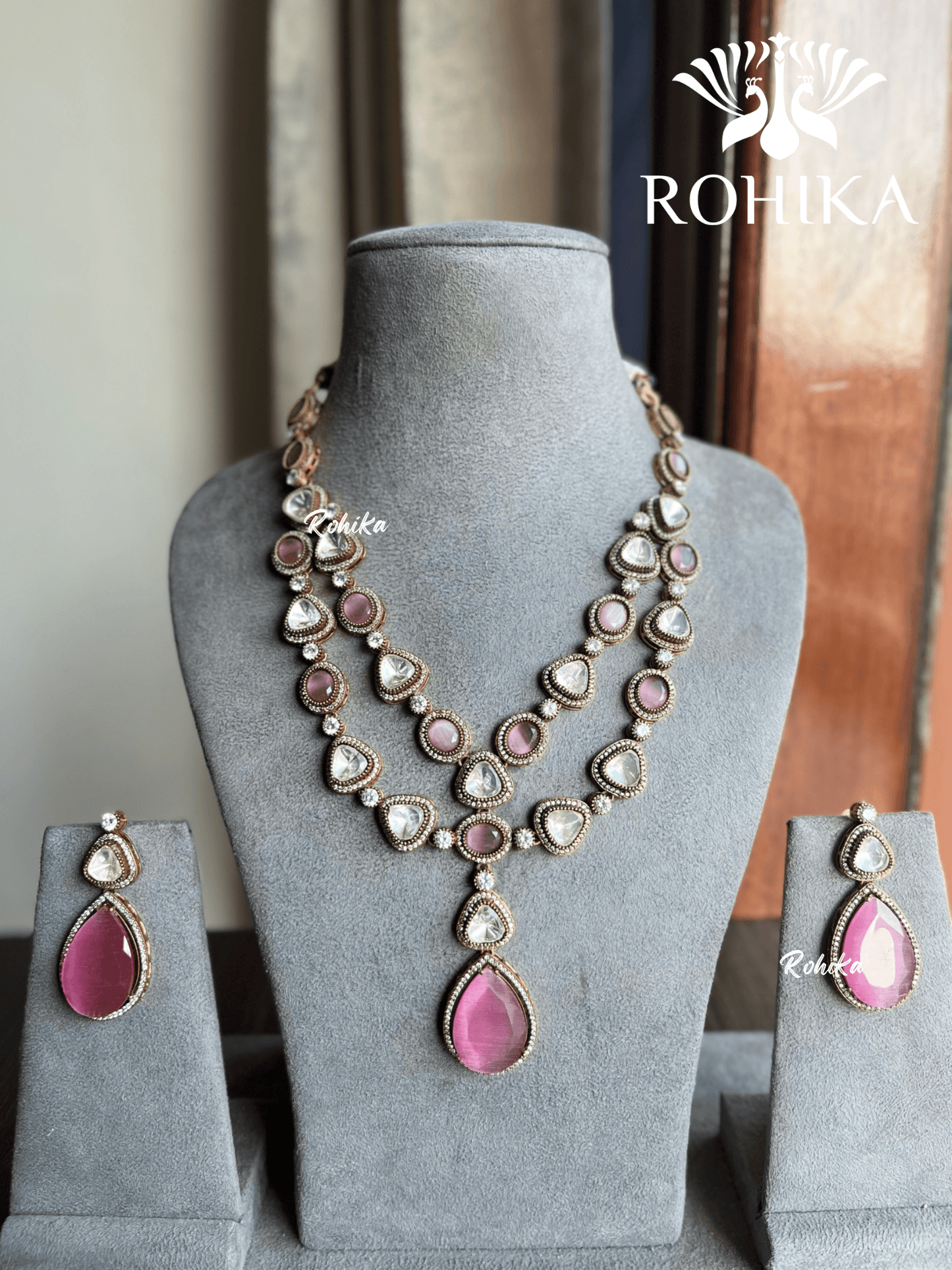 Kala double layer necklace set - Pink - Rohika Store