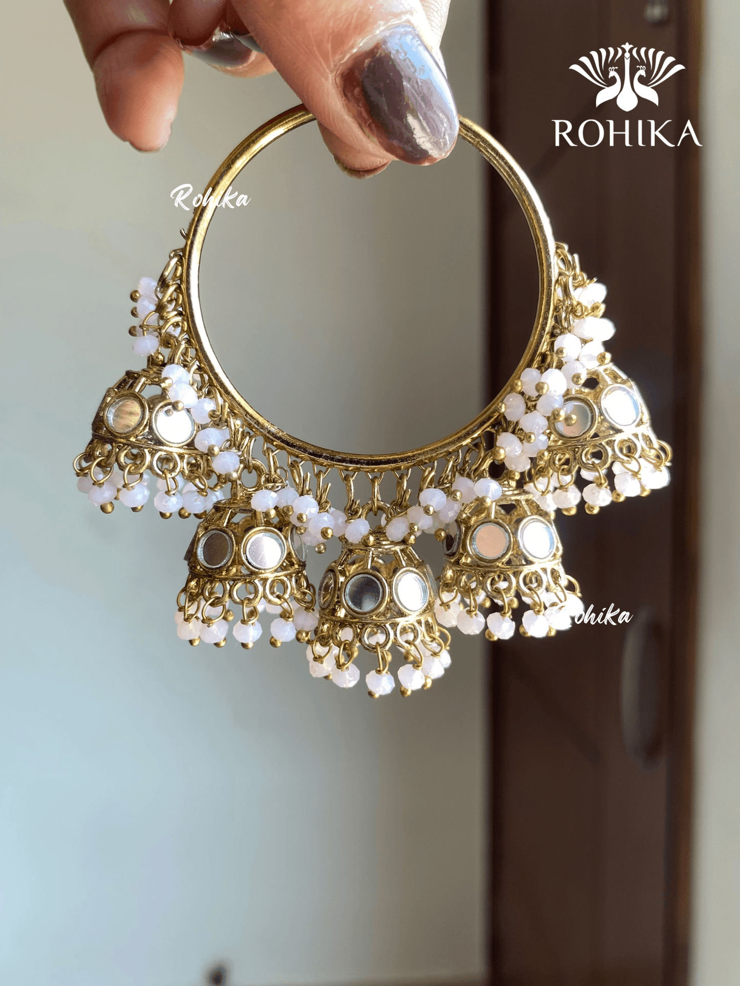 Leena mirror jhumki bali earrings - Light pink - Rohika Store