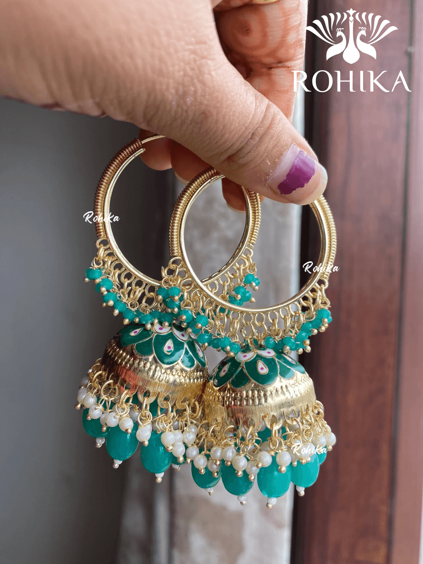 Neera jhumka bali earrings - Green - Rohika Store