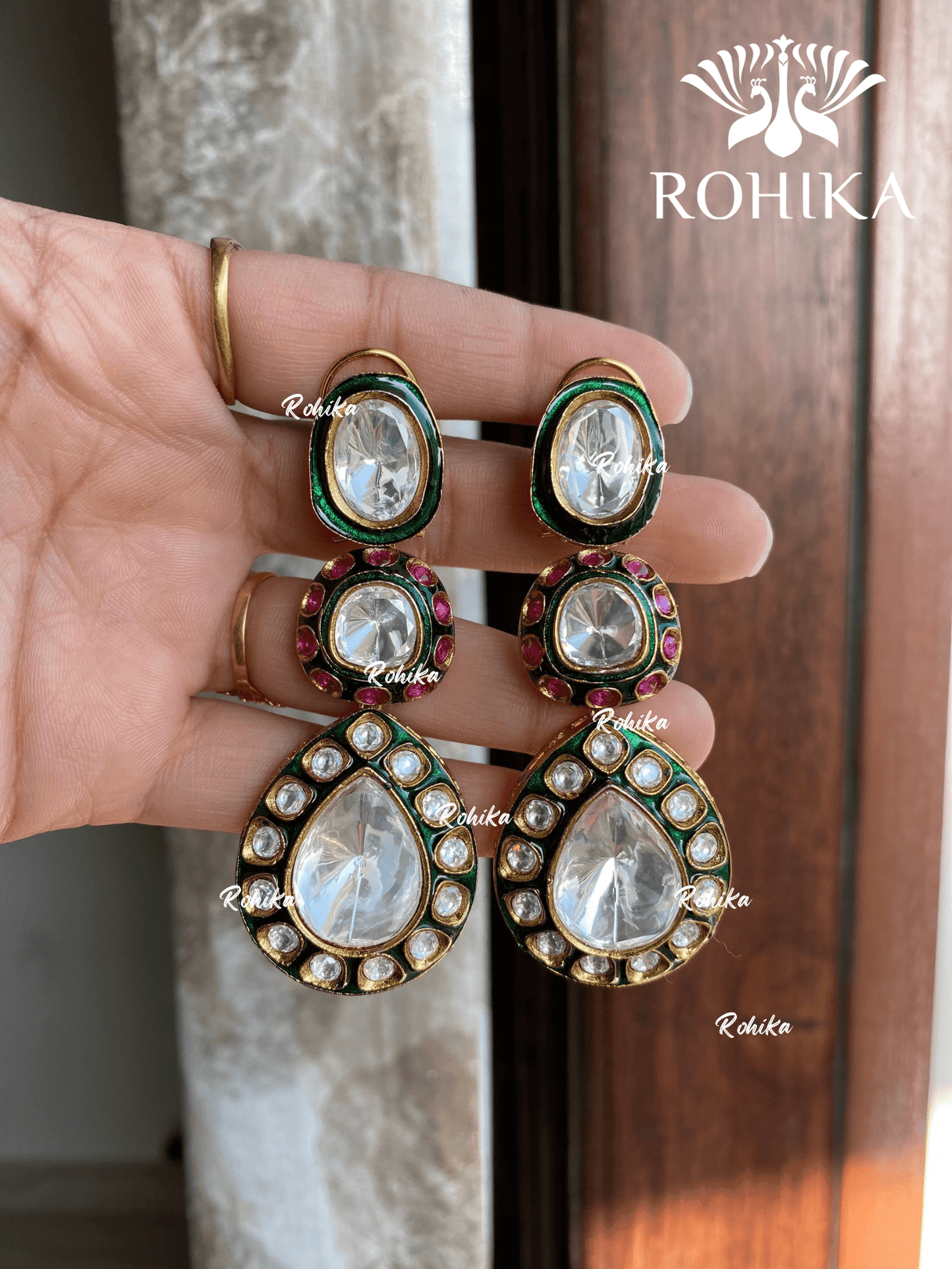 Dhara bikaneri kundan earrings - Green & pink - Rohika Store