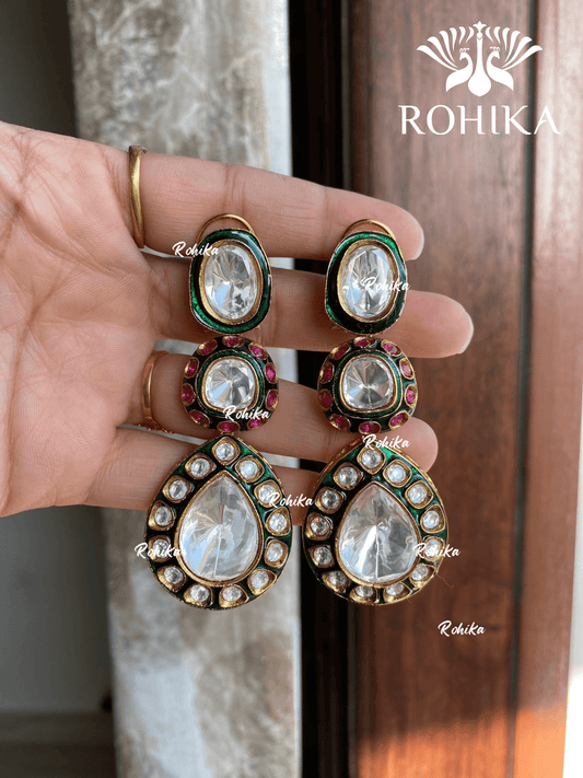 Dhara bikaneri kundan earrings - Green & pink - Rohika Store