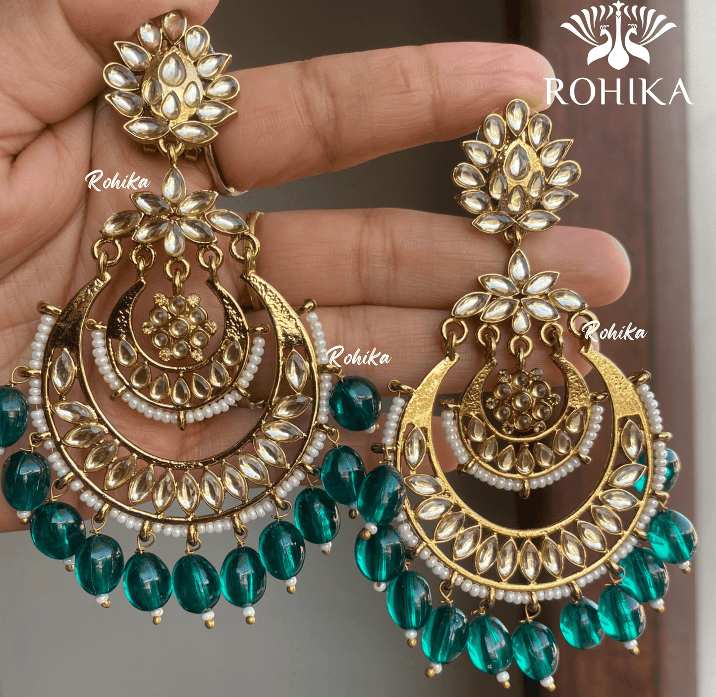 Damini kundan earrings - Dark green - Rohika Store