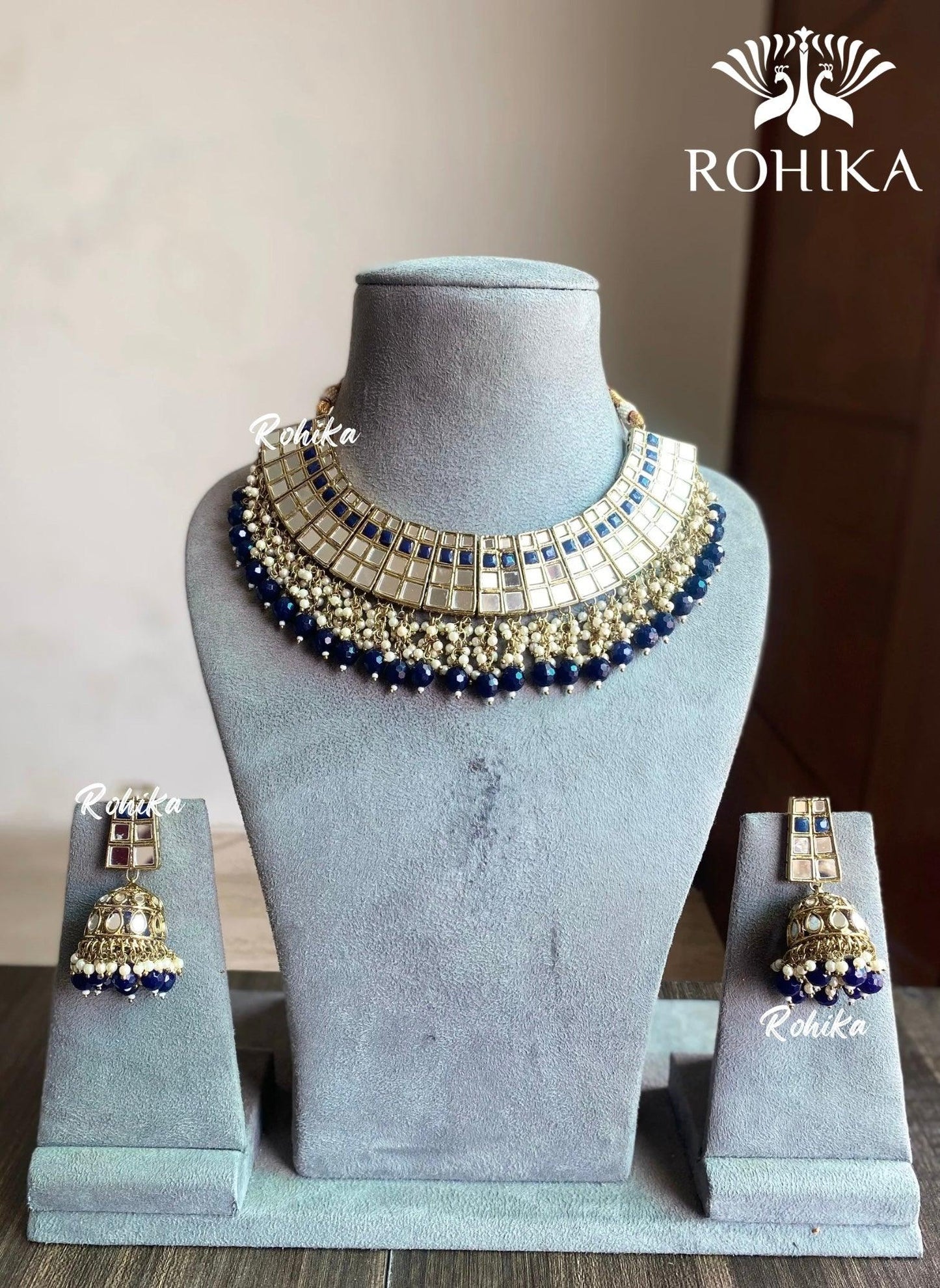 Sana mirror necklace set - Dark blue - Rohika Store
