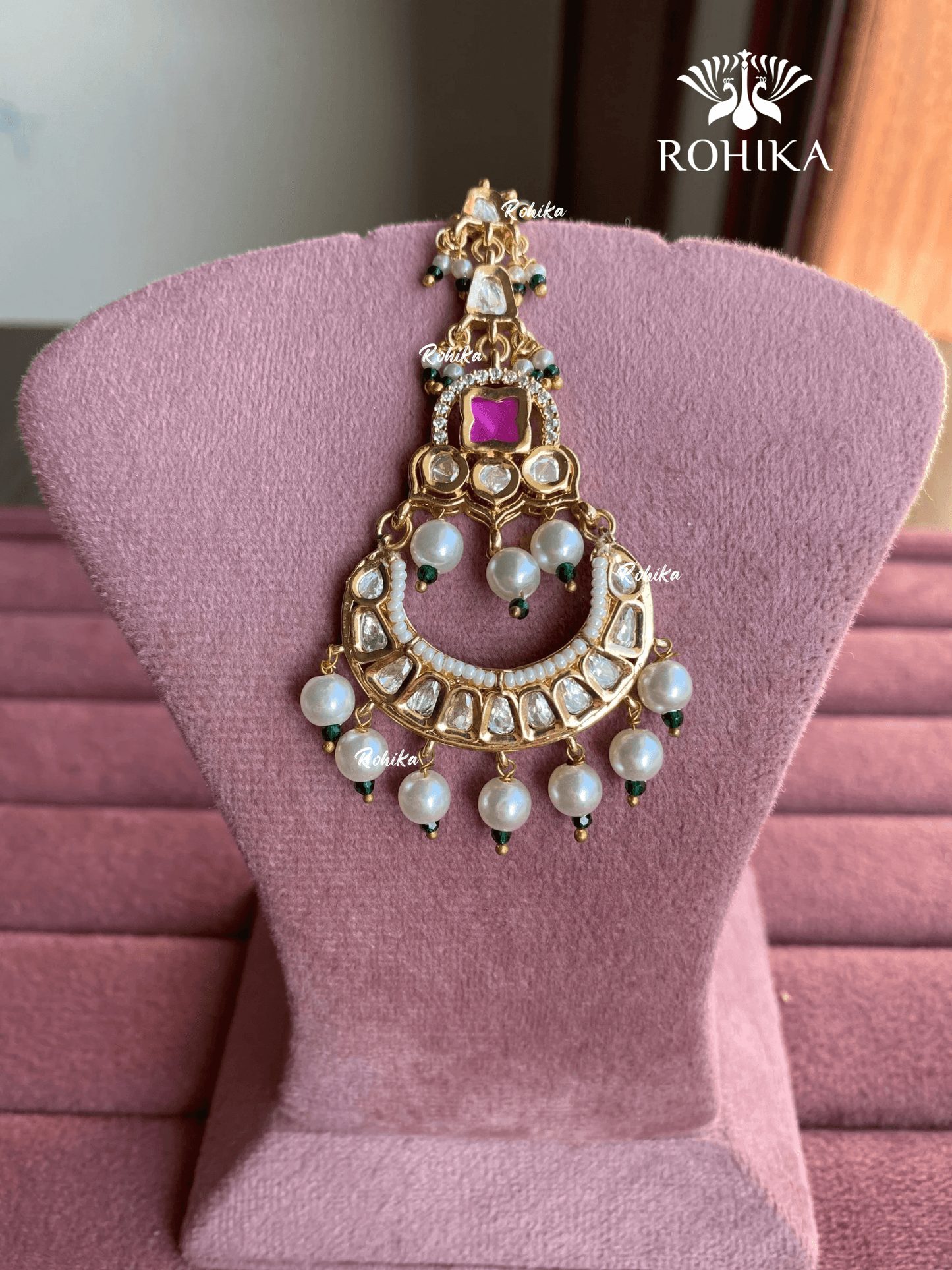 Polki kundan maangtikka (PLKM-035) - Pink & green - Rohika Store