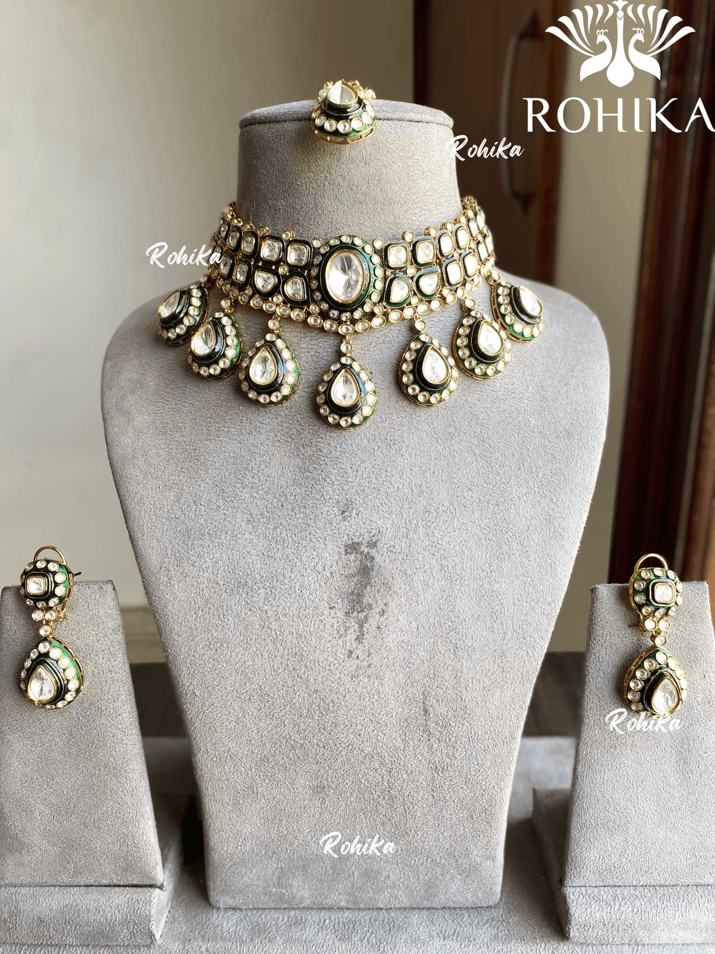 Yami bikaneri kundan necklace set - Green - Rohika Store