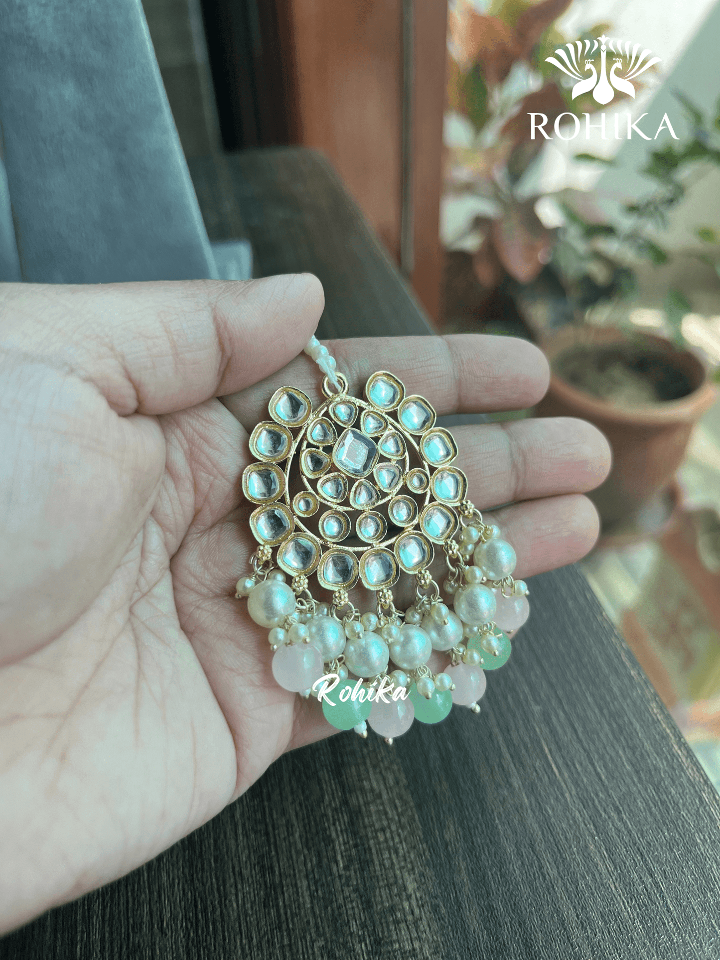 Payal dabi Kundan necklace set - Mint and Pink (Multi) - Rohika Store