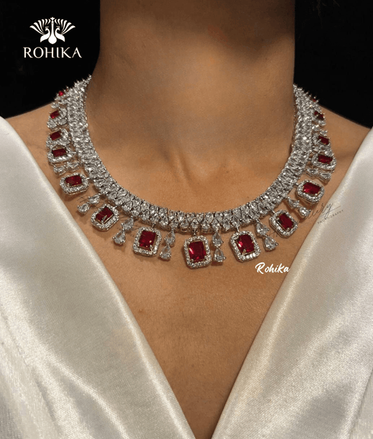 Aria american diamond necklace set -Red - Rohika Store