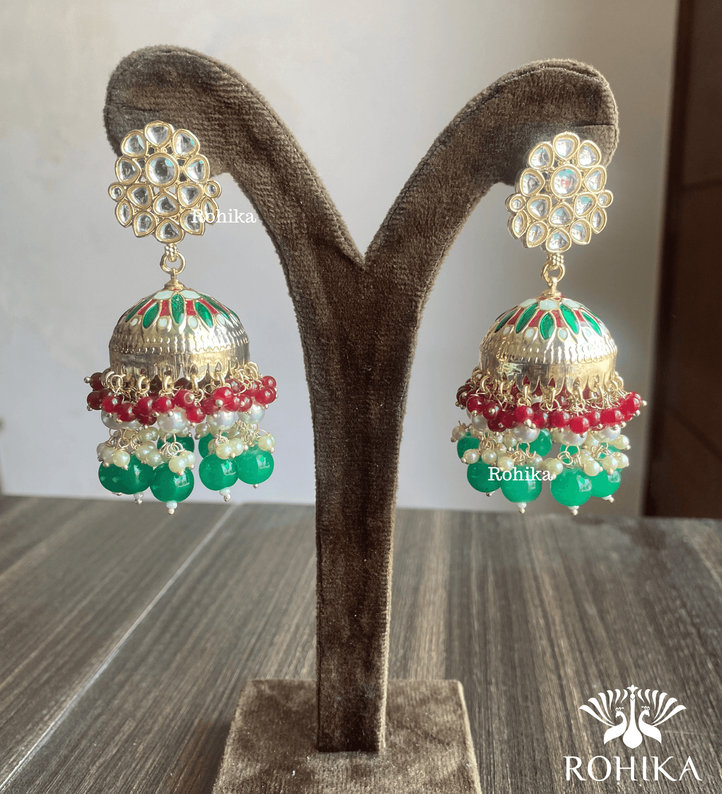 Rashmita jhumka earrings - Red and Green - Rohika Store