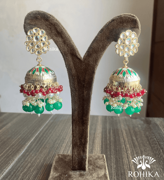 Rashmita jhumka earrings - Red and Green - Rohika Store